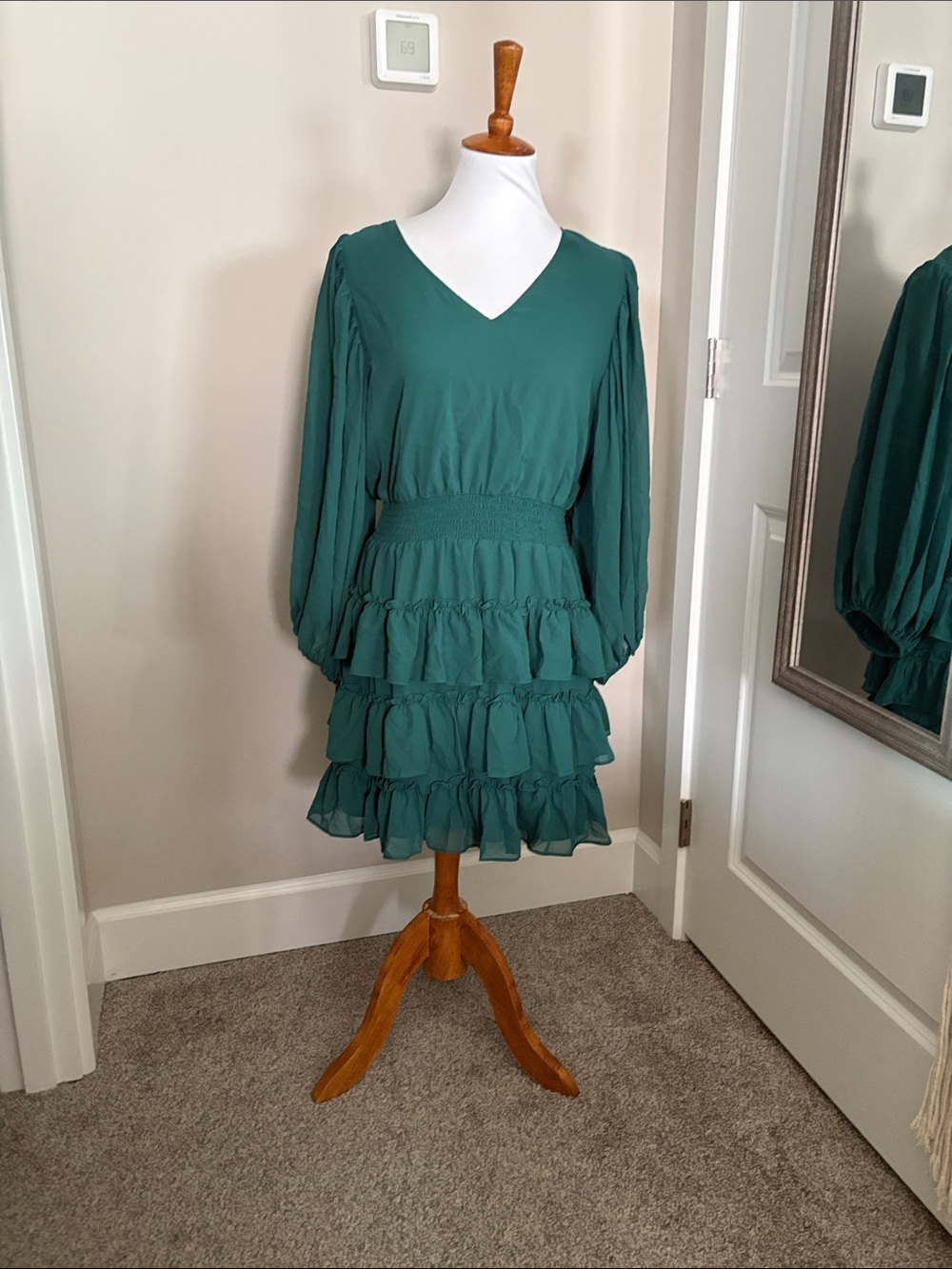 V-Neck Long Sleeve Ruffled Tiered Dress in Teal